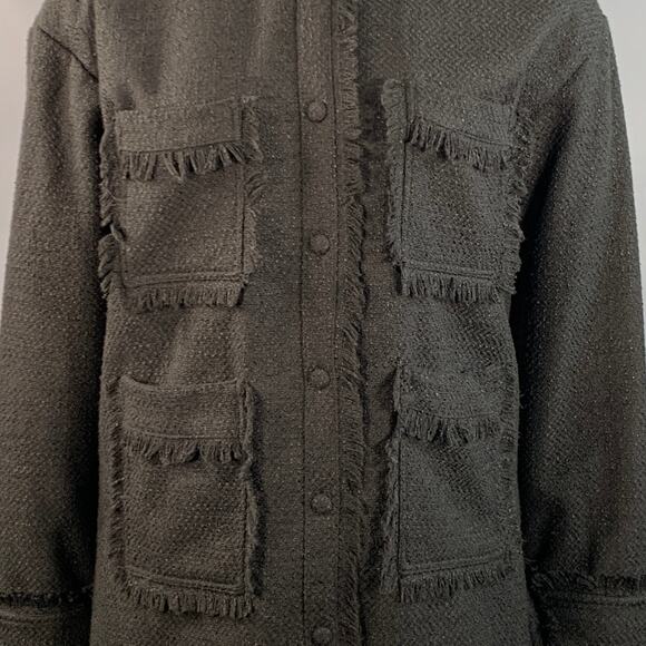 APPARIS Size XL Black Polyester Tweed Patch Pockets Fringed Coat - Picture 2 of 8